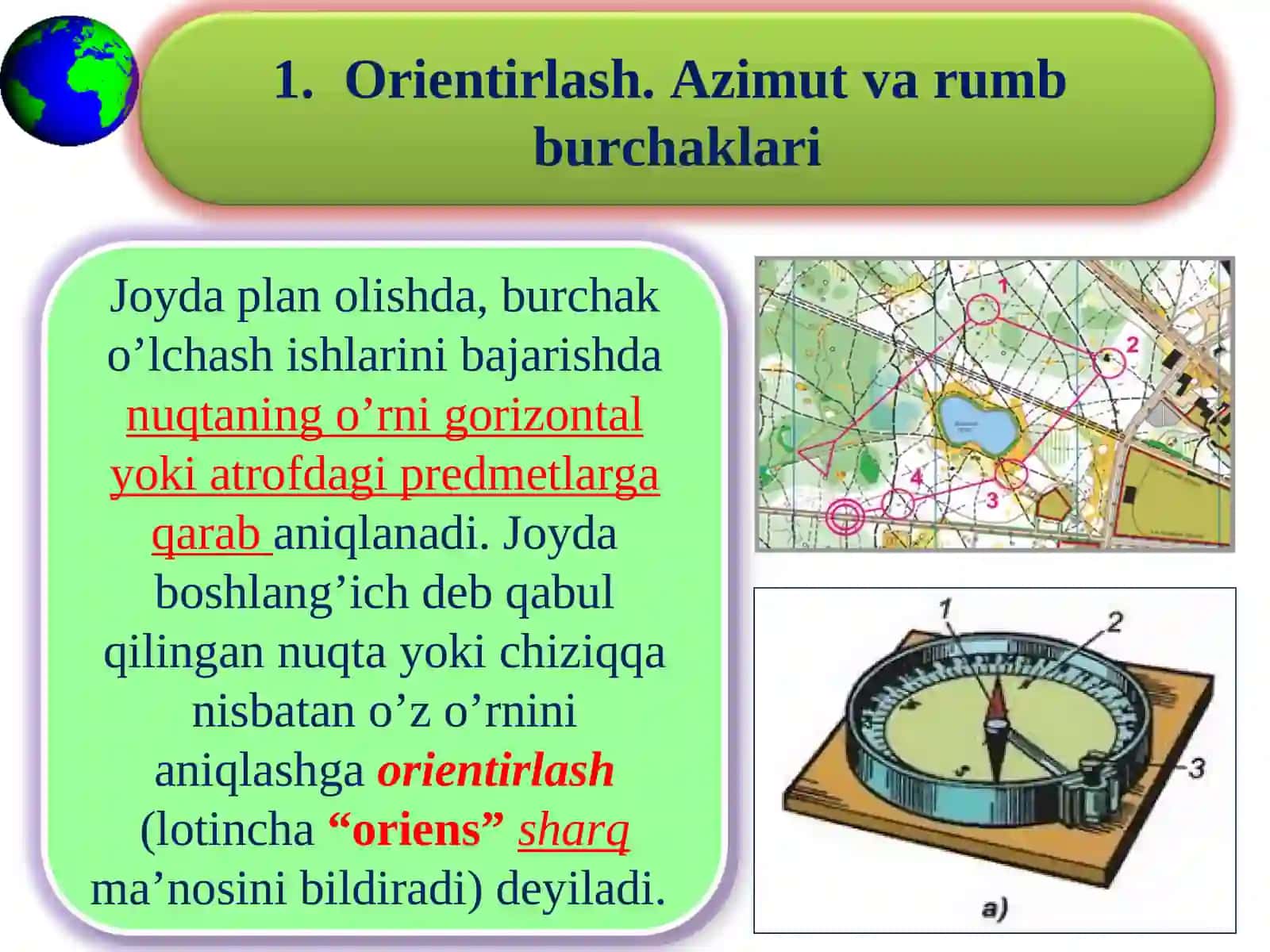 ORIENTIRLASH BURCHAKLARI, TEODOLIT VA U BILAN BURCHAK O’LCHASH 2