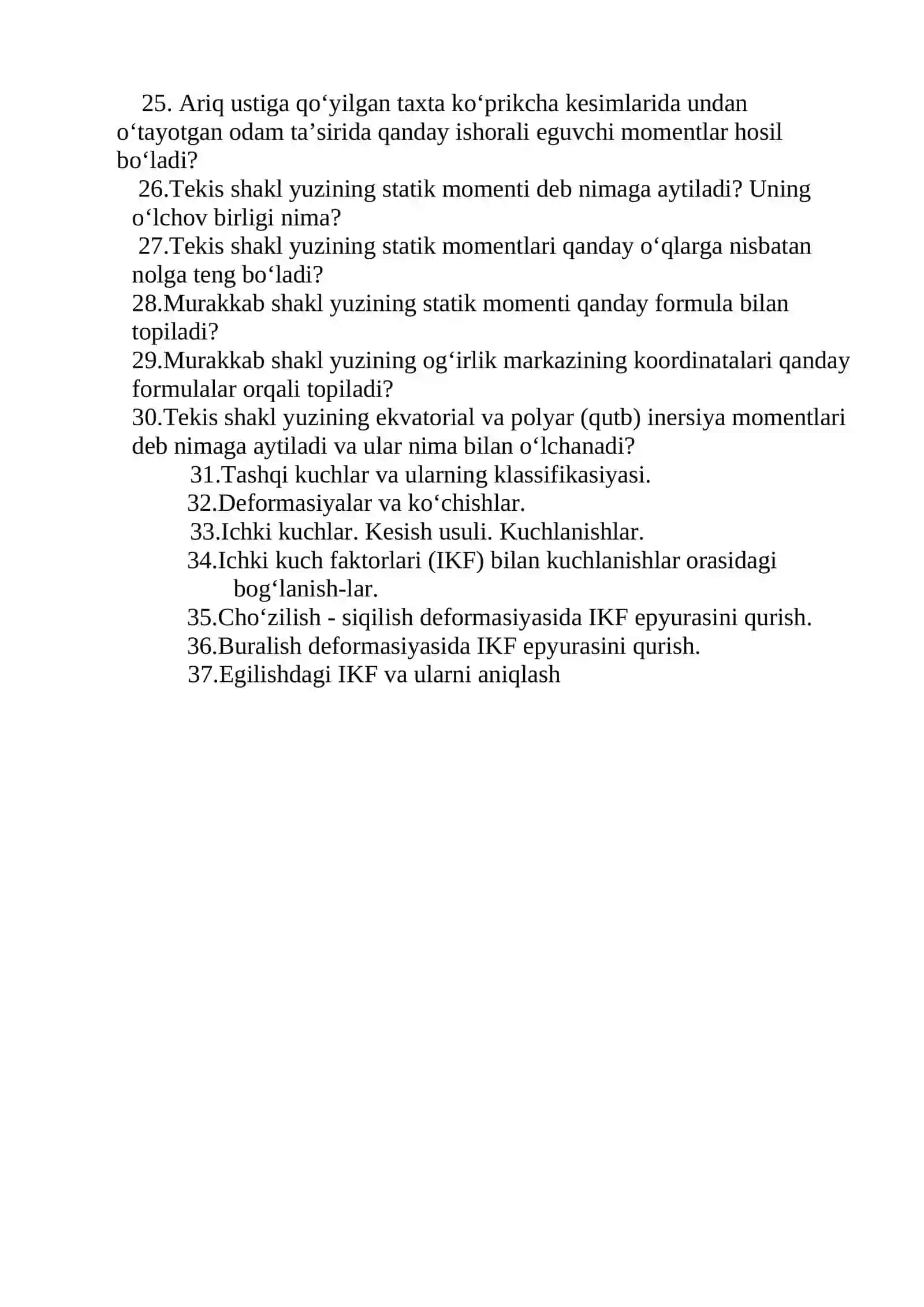 Materiallar qarshiligi (Oraliq nazorat savollari) 2