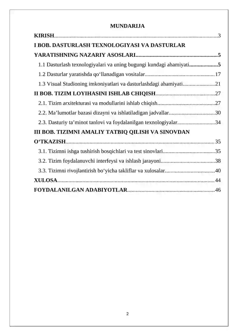 "Ko‘ngilochar markaz uchun mijozlar ro‘yhati" KURS ISHI 2