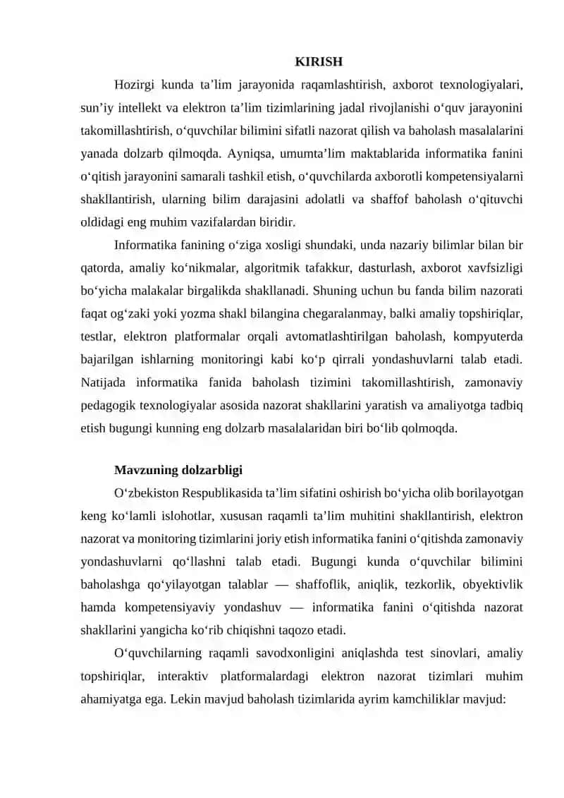 Informatika fanlaridan o‘quvchilar bilimini nazorat qilish va baholash 2