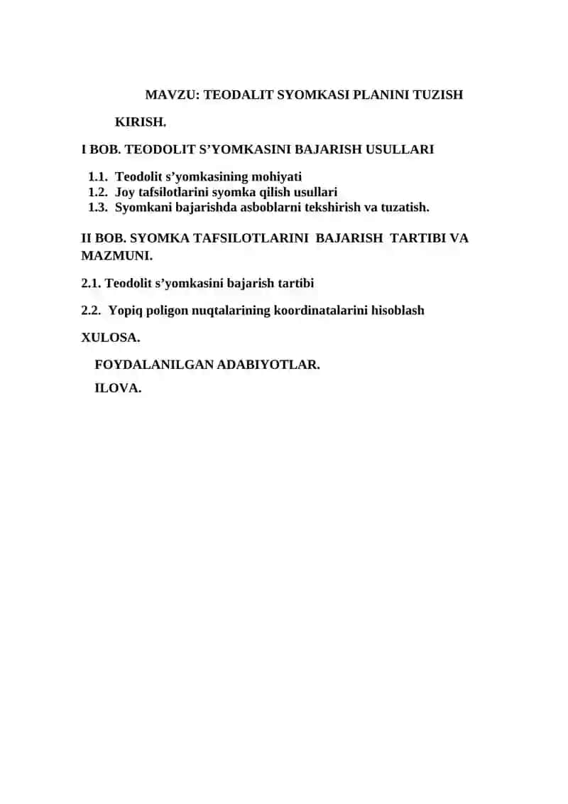 Teodalit syomkasi planini tuzish 2