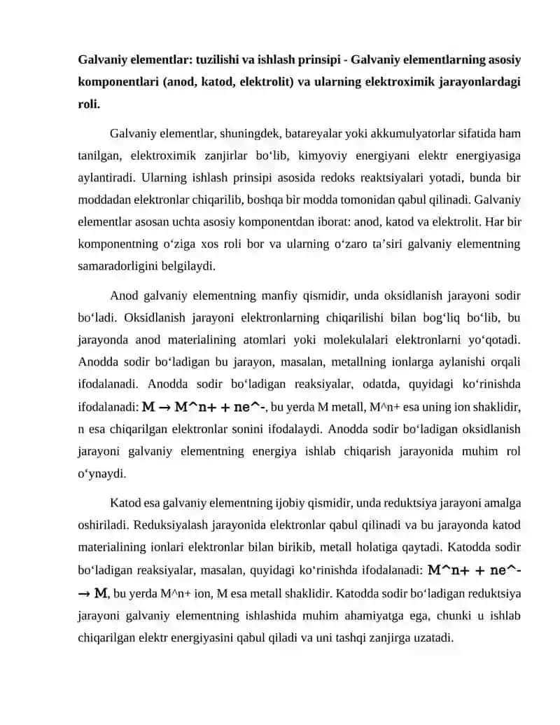 Galvaniy elementlar va elektroximik zanjirlarning ishlash prinsipi 2