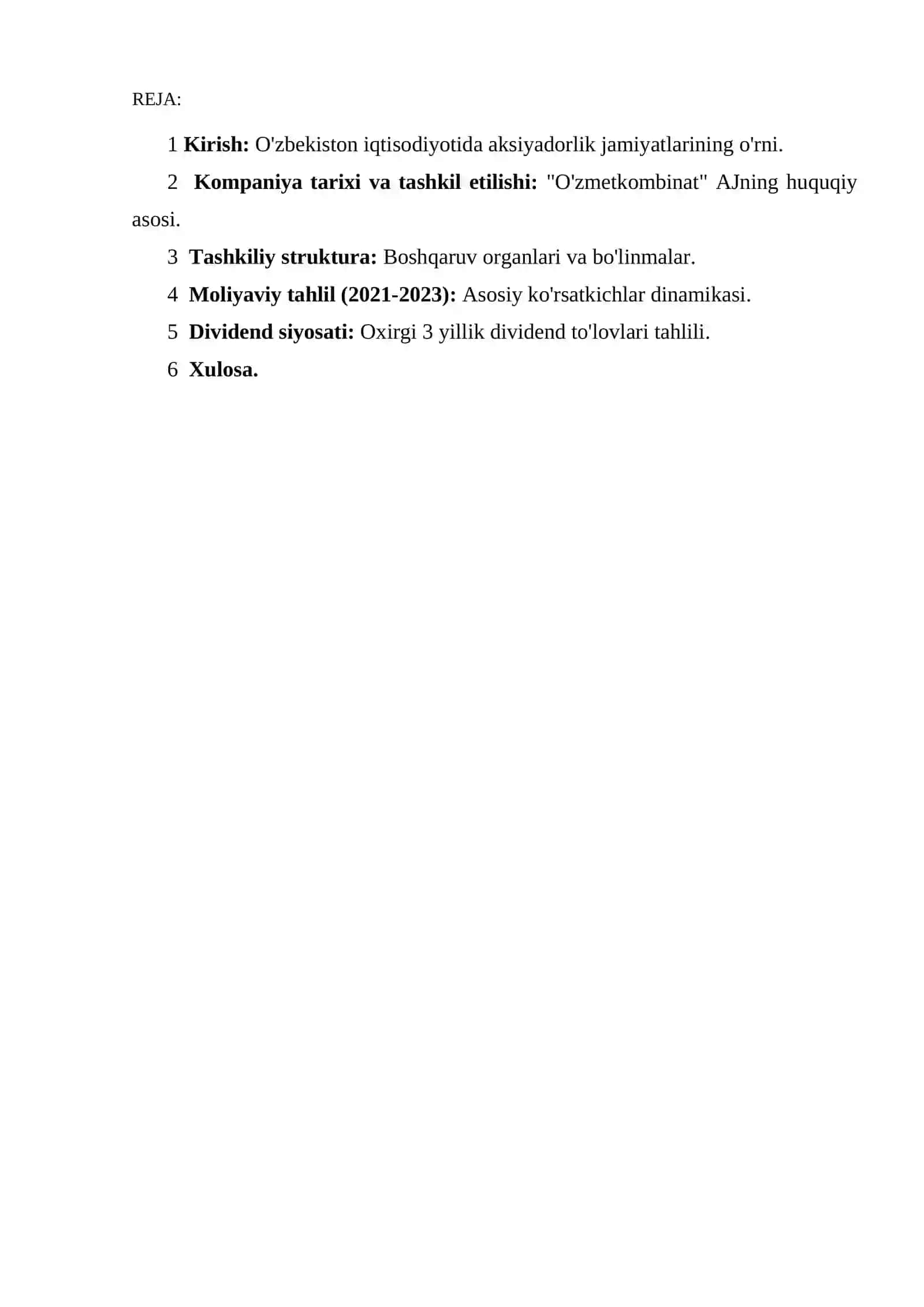 "O'zbekistonda aksiyadorlik jamiyatlarining tashkil etilishi va moliyaviy barqarorligini tahlil qilish ( “O'zmetkombinat” AJ misolida)" 2