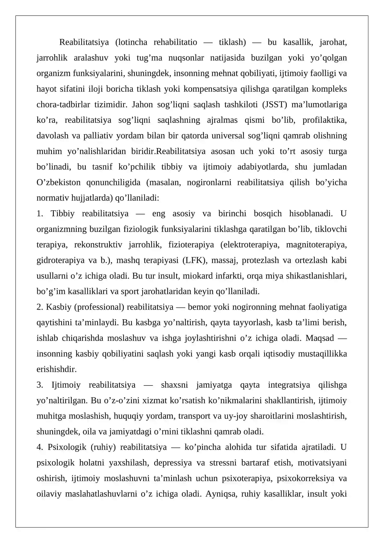 Reabilitatsiya turlarining tasnifi 2