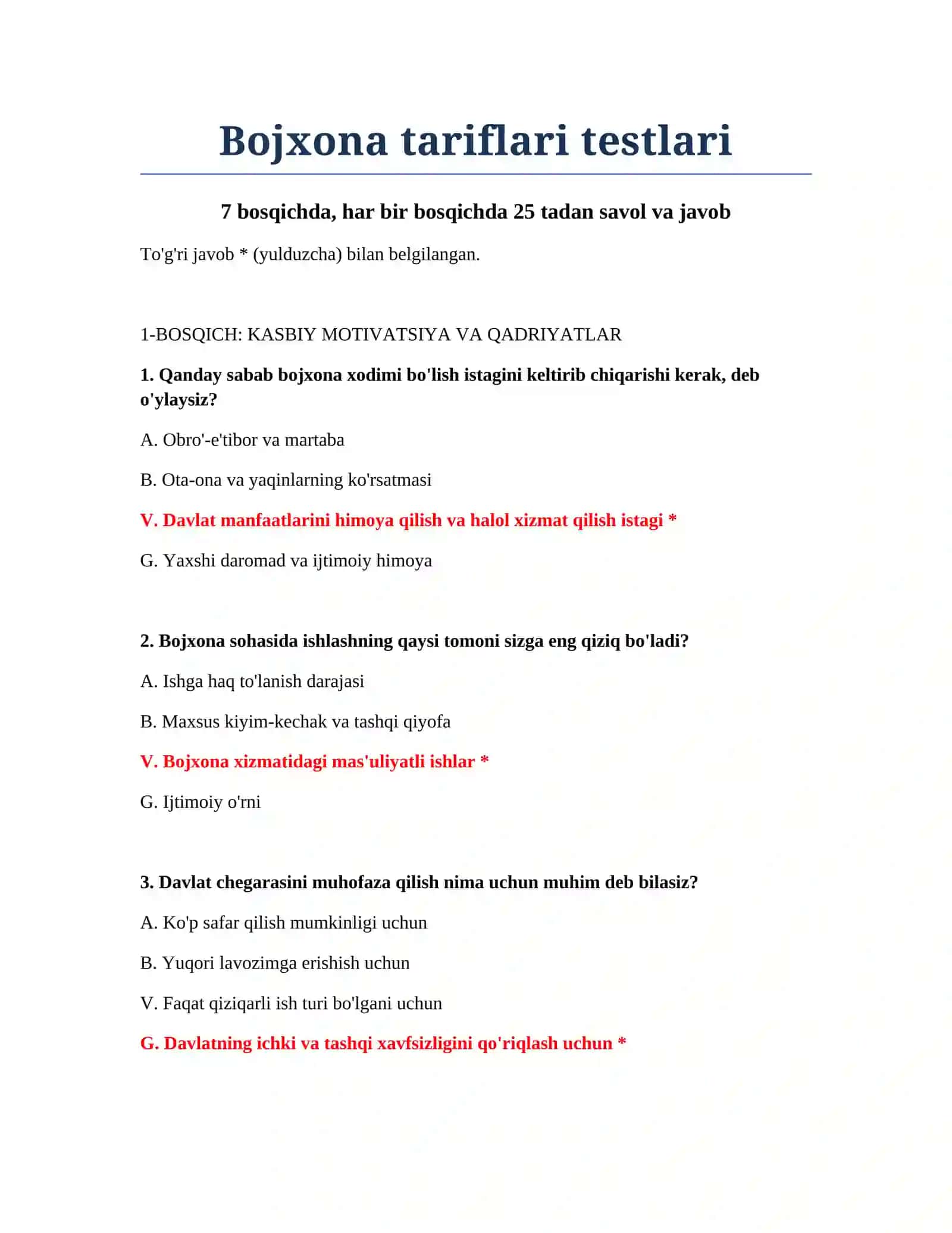 Bojxona tariflari testlari 2