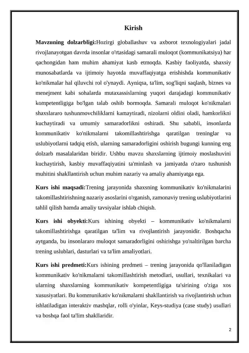 TRENINGDA KOMMUNIKATIV KO'NIKMALARNI TAKOMILLASHTIRISH 2