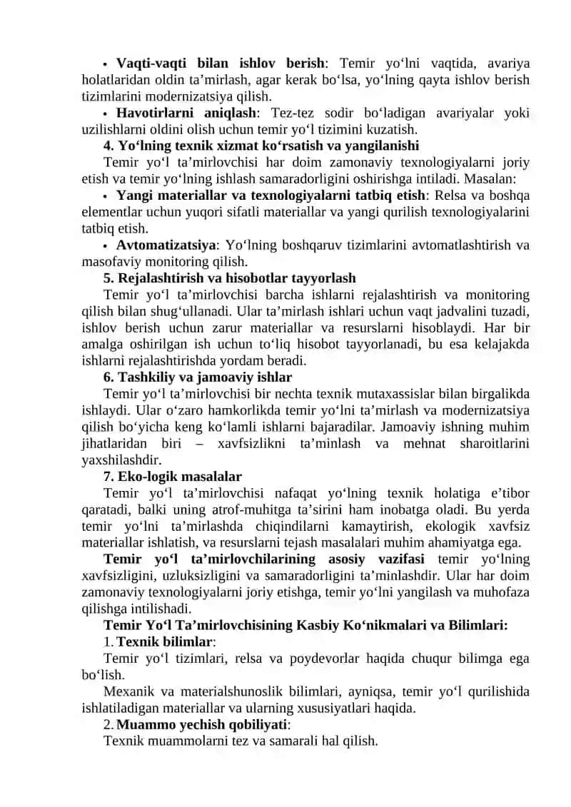 Yo‘l ta’mirlovchining asosiy faoliyati 2