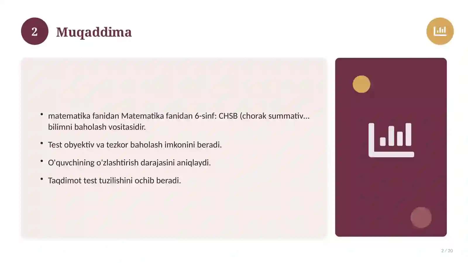 Matematika fanidan 6-sinf: CHSB (chorak summativ baholash) 2
