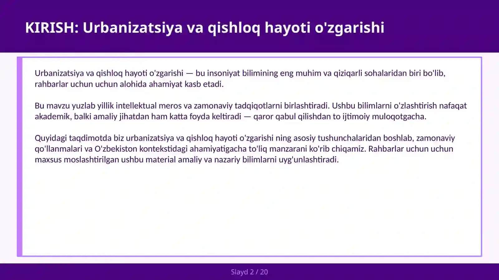 Urbanizatsiya va qishloq hayoti o'zgarishi 2