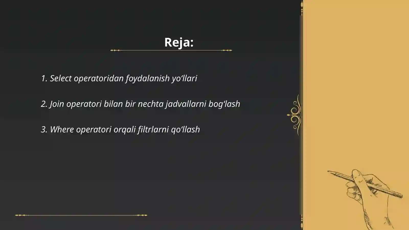Select operatoridan foydalanib soʻrovlar yaratish 2