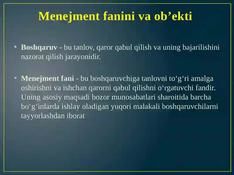 Menejmentni rivojlanish tarixi va xozrgi holati 2