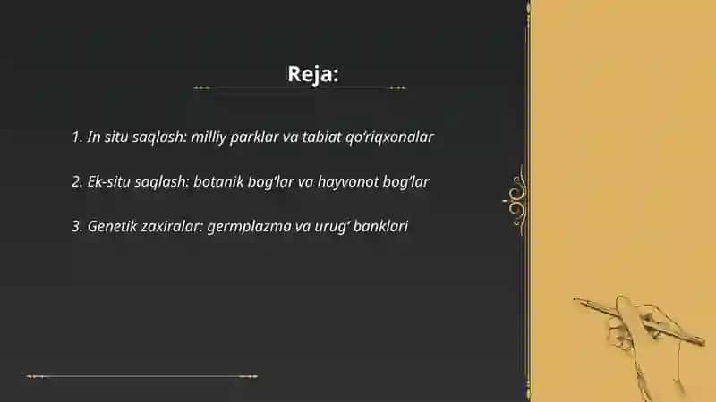 O’simliklar va hayvonlar turlarini saqlash usullari 2