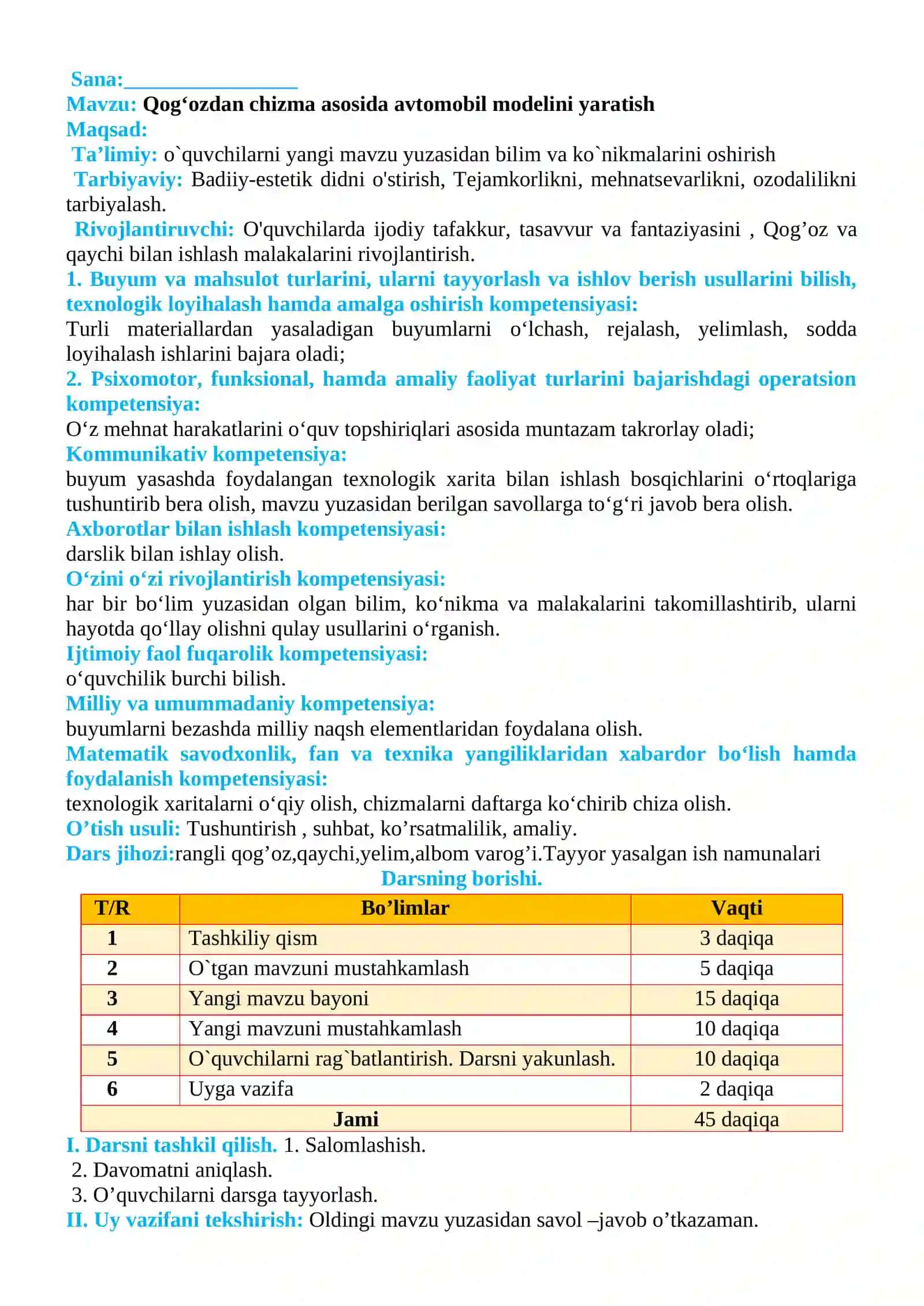 4-sinf Texnologiya Qog'ozni buklash orqali poyga avtomobili modelini yasash dars ishlanma 2
