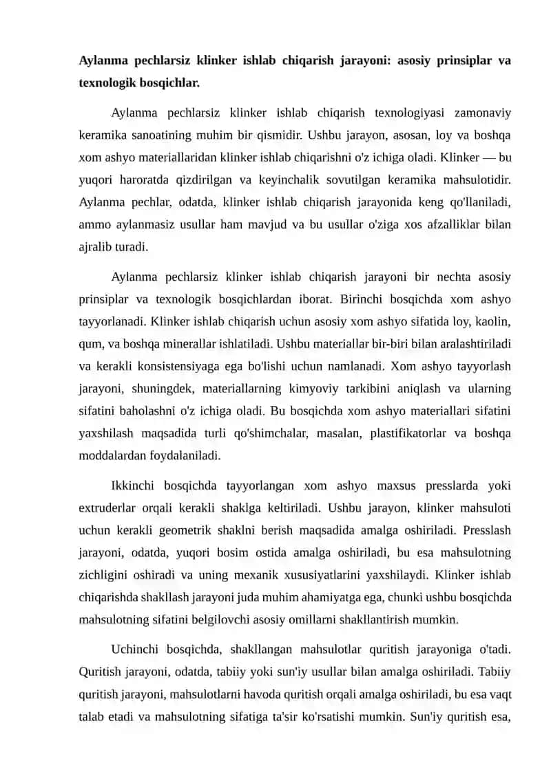 Aylanma pechlarsiz klinker ishlab chiqarish texnologiyasi 2