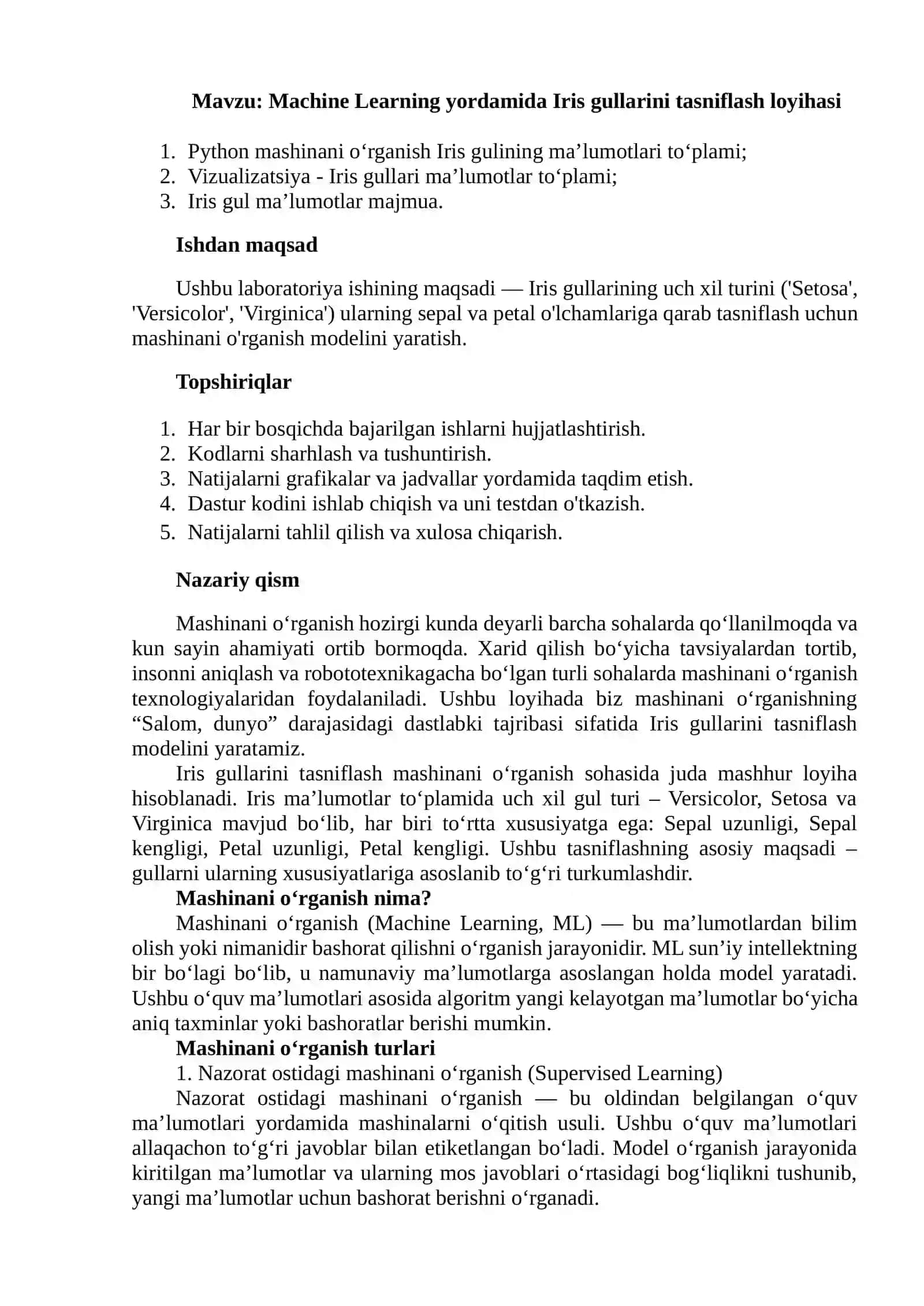 Machine Learning yordamida Iris gullarini tasniflash loyihasi 2