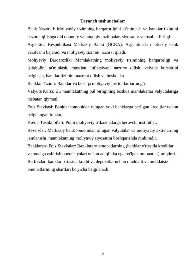 Argentinada bank nazoratining tashkil etilishu boyicha kurs ishi 2