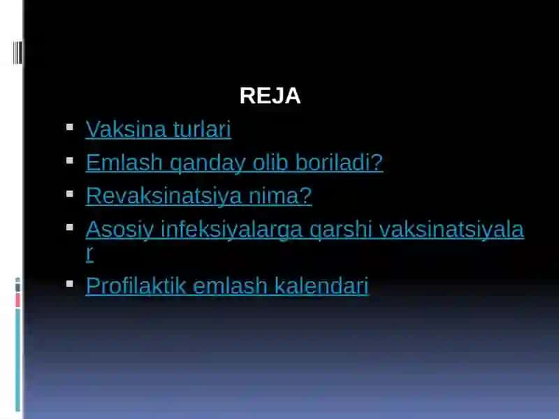 EMLASH JADVALI. VAKSINATSIYA KO’RSATMASI VA QARSHI KO’RSATMA 2