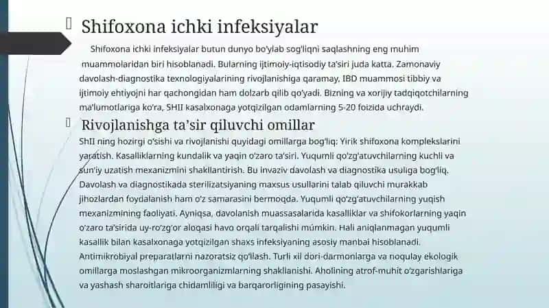 Shifoxona ichki infeksiyasi.XirurguyadaOITSvaKOVID-19 muammolari 2