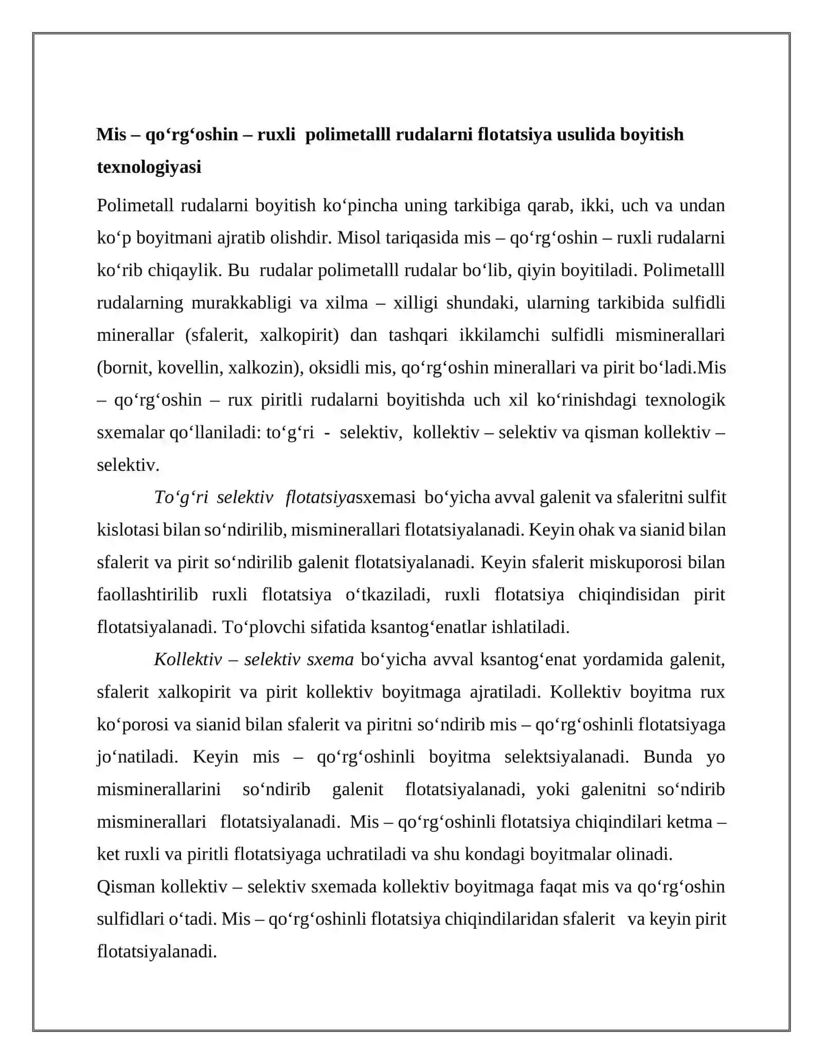 Mis – qo‘rg‘oshin – ruxli polimetalll rudalarni flоtаtsiya usulidа boyitish texnologiyasi 2