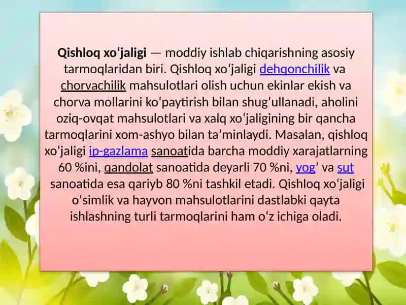 QISHLOQ XO`JALIGI VA SANOAT SOXASIDAGI O`ZGARISHLAR 2