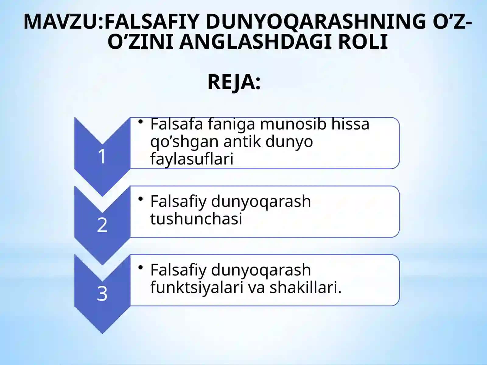 MAVZU:FALSAFIY DUNYOQARASHNING O’Z-O’ZINI ANGLASHDAGI ROLI 2