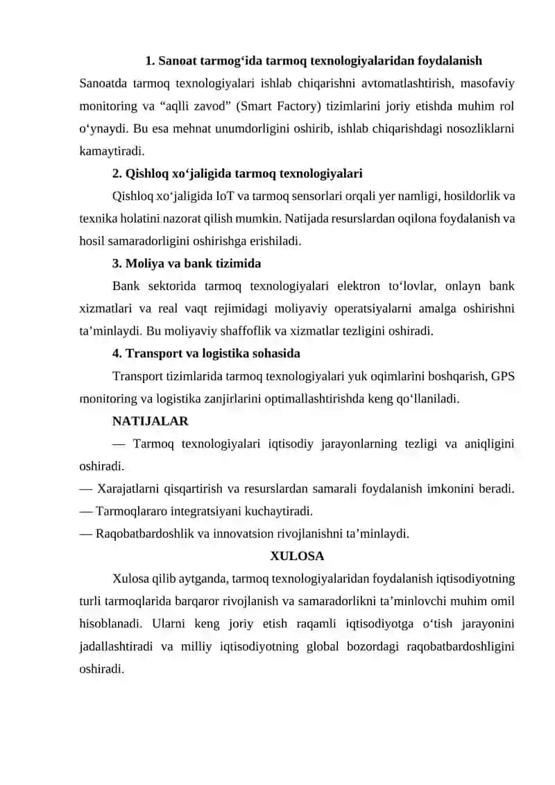 IQTISODIYOTNING TURli TARMOQLARIDA TARMOQ TEXNOLOGIYALARIDAN FOYDALANISHNING NAZARIY VA AMALIY ASOSLARI 2