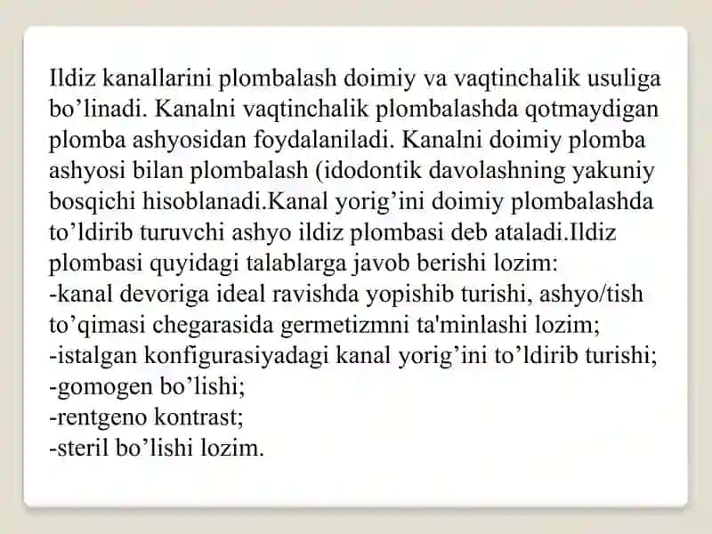 Ildiz kanallarini plombalash usullari. 2