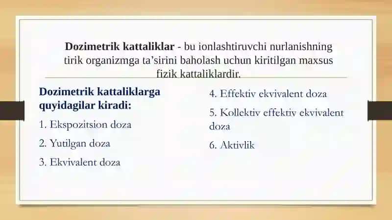 Dozimetrik kattaliklar. Dozimetriya asoslari 2
