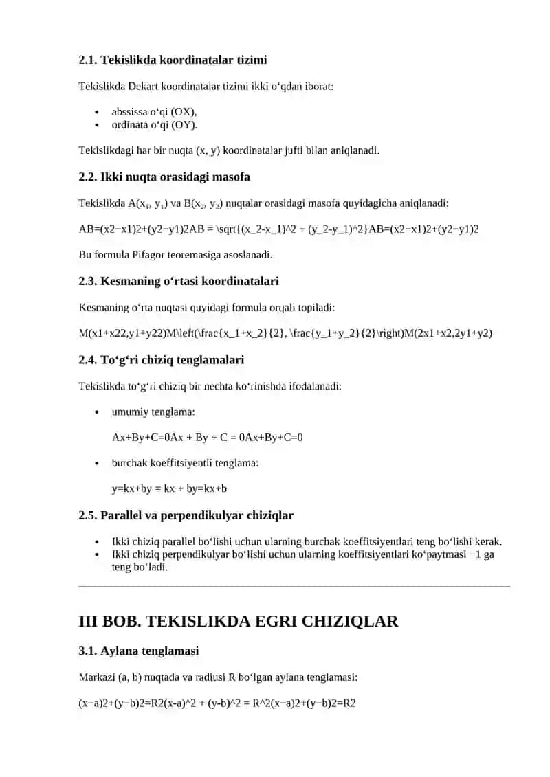 Tekislik va fazoda koordinatali geometriya 2