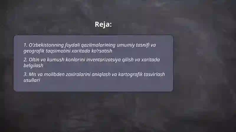 O'zbekistonning foydali qazilmalari haqida ma'lumotlar tayyorlash va xaritada belgilash 2