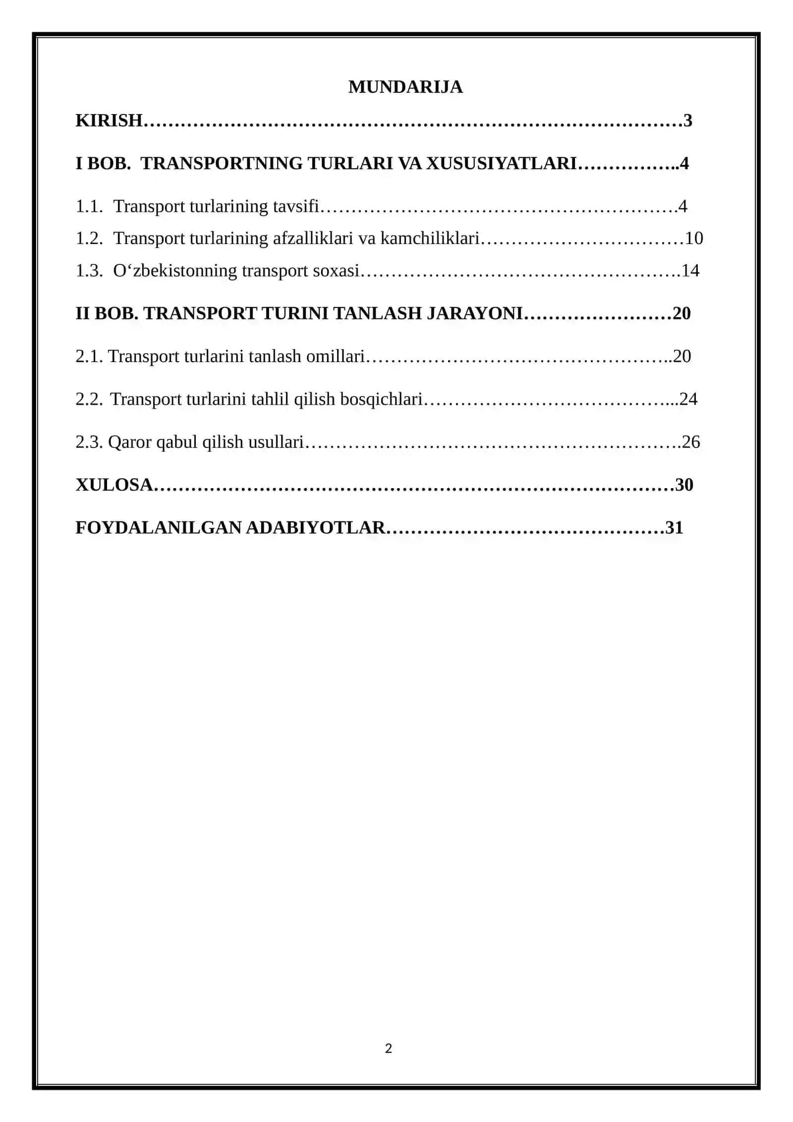 TRANSPORT LOGISTIKASI kurs ishi 2