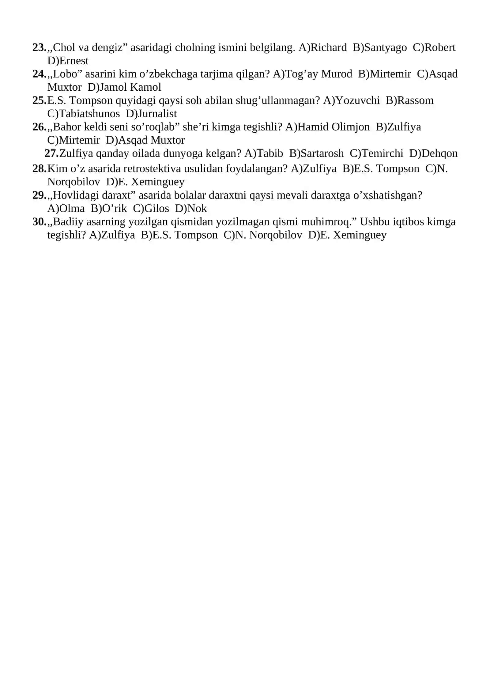 7-sinf ona tili va adabiyot II chorak test 2