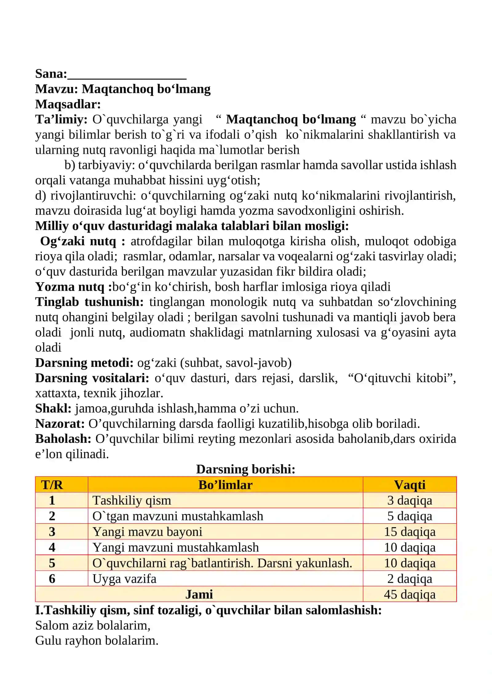 Maqtanchoq bo‘lmang 1-sinf o'qish savodxonligi dars ishlanmasi 2