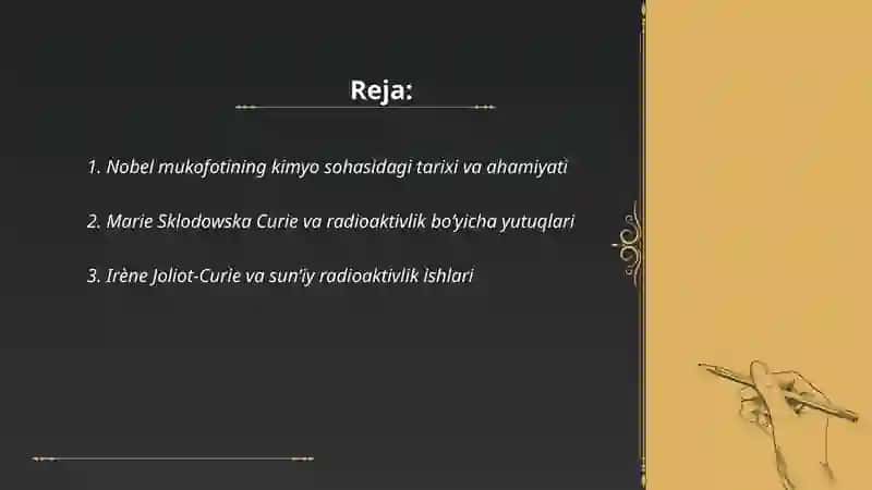 Nobel mukofoti kimyo sohasidagi tarixi va ahamiyati 2