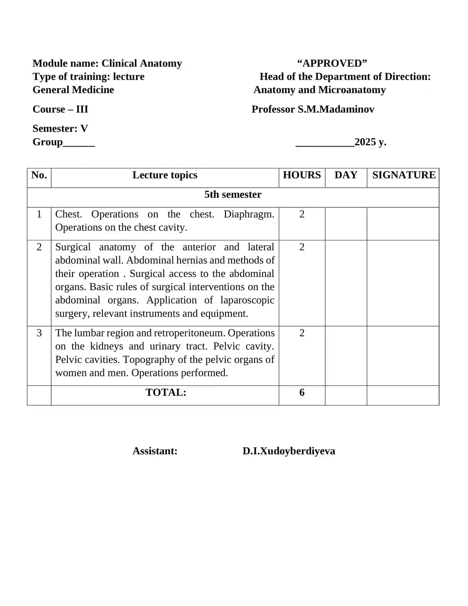 Calendar-Topic Plan for the Module "Clinical Anatomy" 2