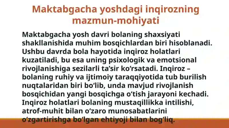Maktabgacha tarbiya yoshidagi inqiroz 2