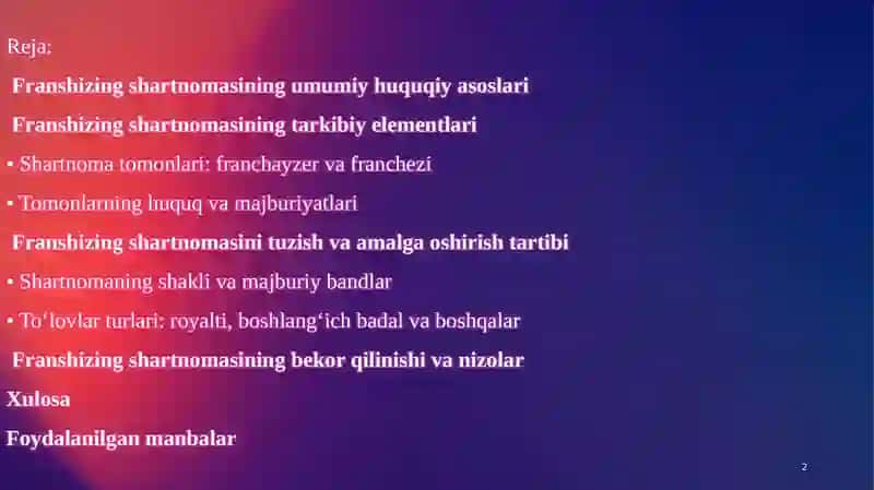 KOMPLEKS TADBIRKORLIK LITSENZIYASI (FRANSHIZING) SHARTNOMASI 2