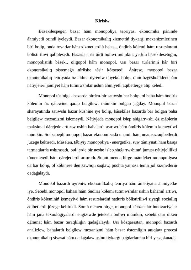 Basekilespegen bazarda monopoliyalıq bahanı hám bazar hákimiyatın anıqlaw 2