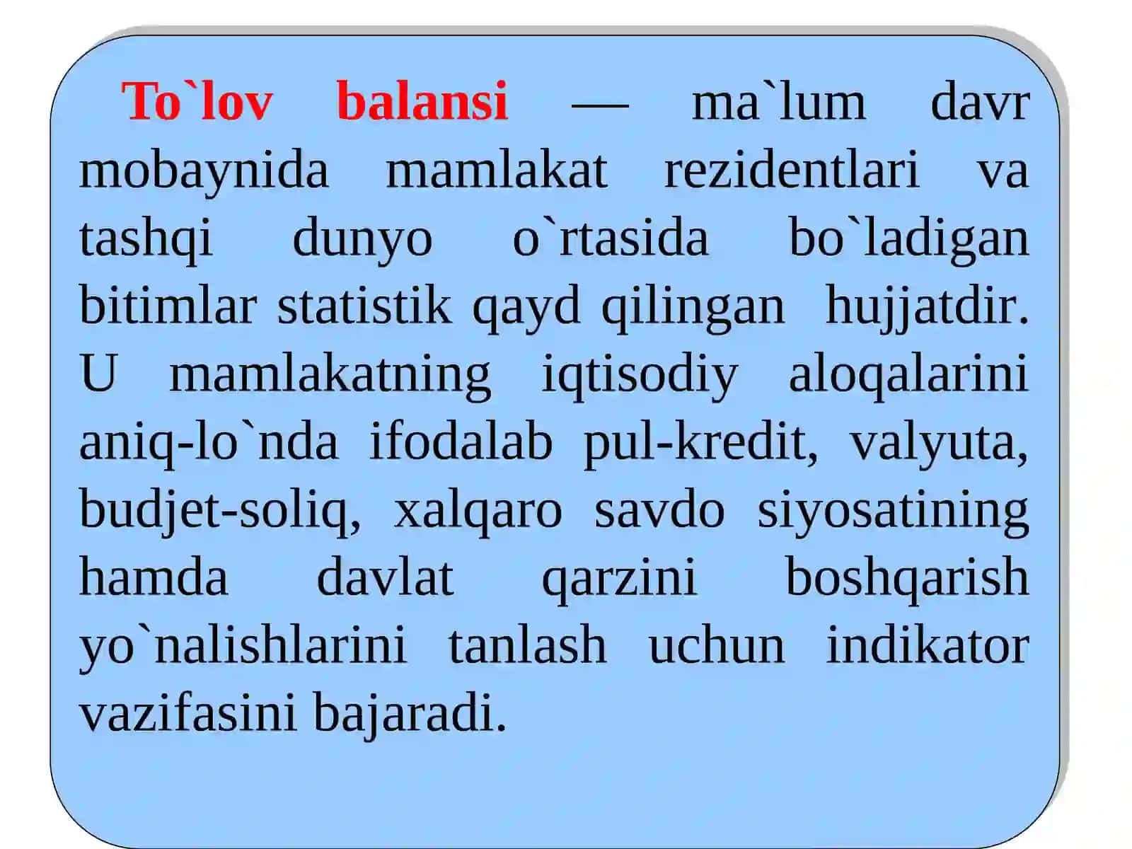 TO`LOV BALANSI. VALYUTA KURSI 2