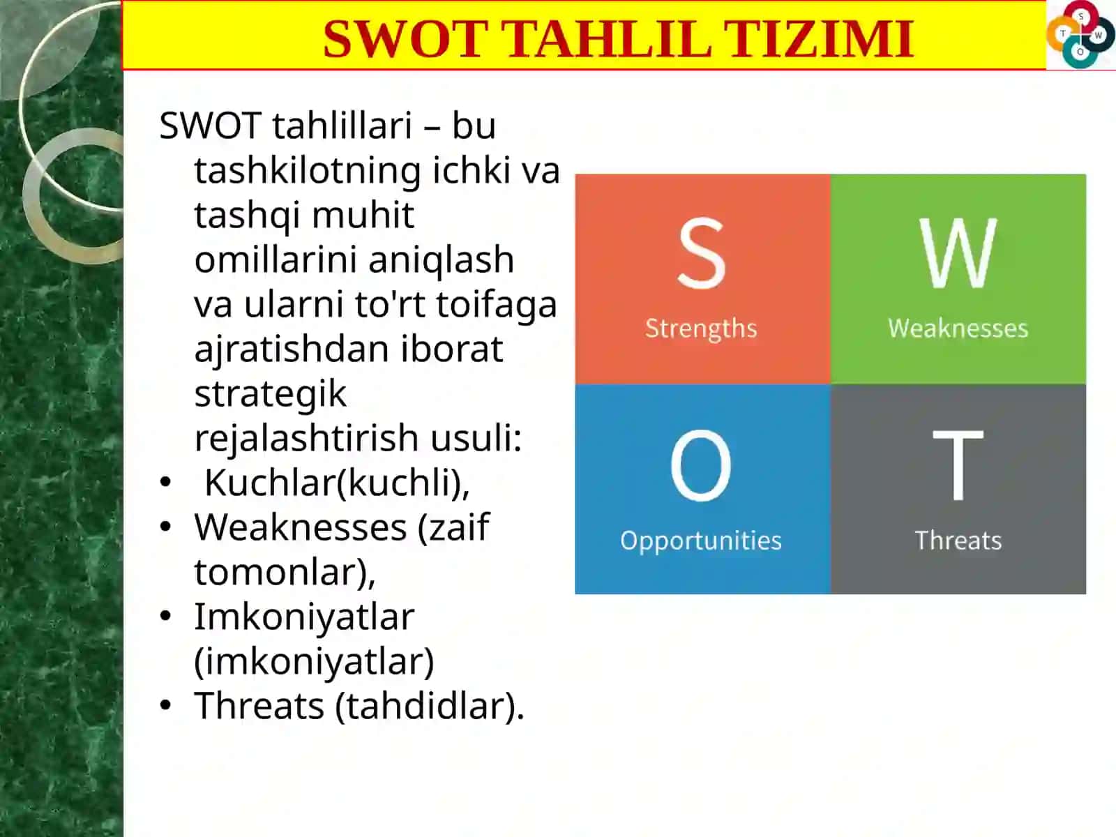 SWOT TAHLIL VA O’Z-O’ZINI BAHOLASH 2