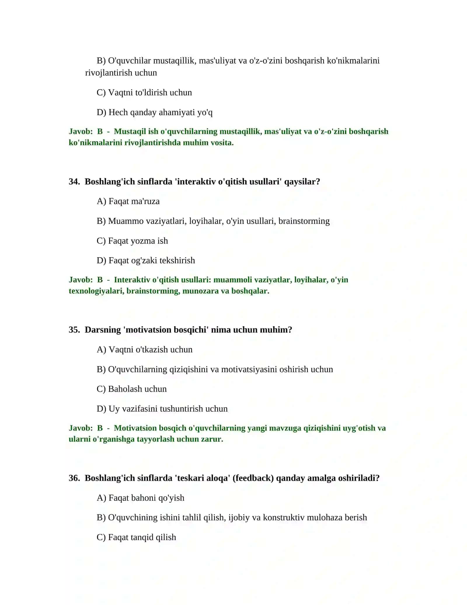 BOSHLANG'ICH TA'LIM O'QITUVCHISI TEST SINOVLARI 2
