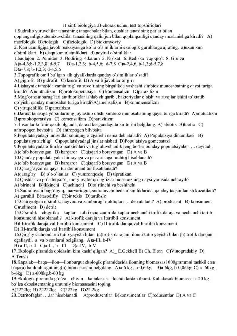 11-SINF BIOLOGIYADAN YILLIK TEST 2