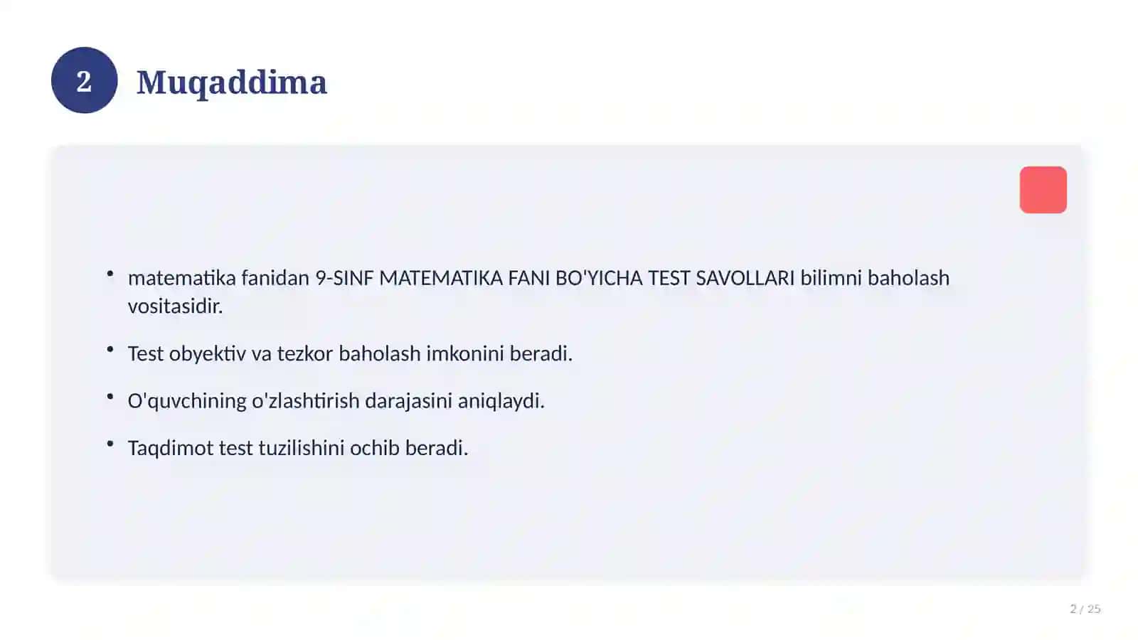 9-SINF MATEMATIKA FANI BO'YICHA TEST SAVOLLARI 2