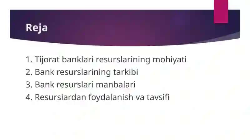 Tijorat banklarining resurslari, ularning tarkibi va tavsifi 2