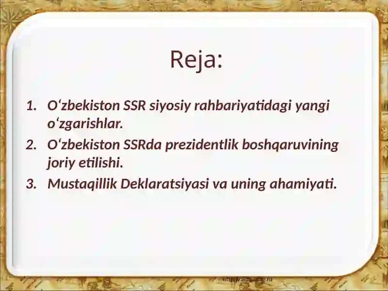 O‘zbekiston Mustaqillikka Erishish Ostonasida 2