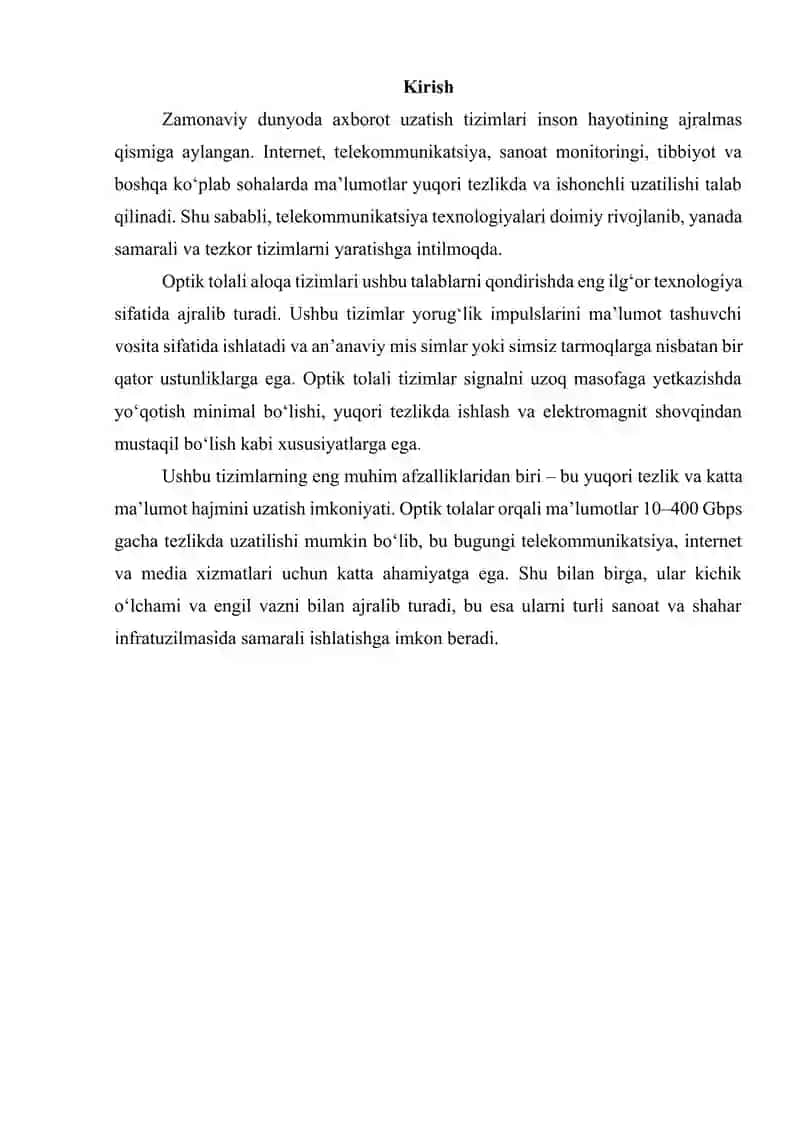 Optik tolali aloqa tizimlari va ularning afzalliklari 2
