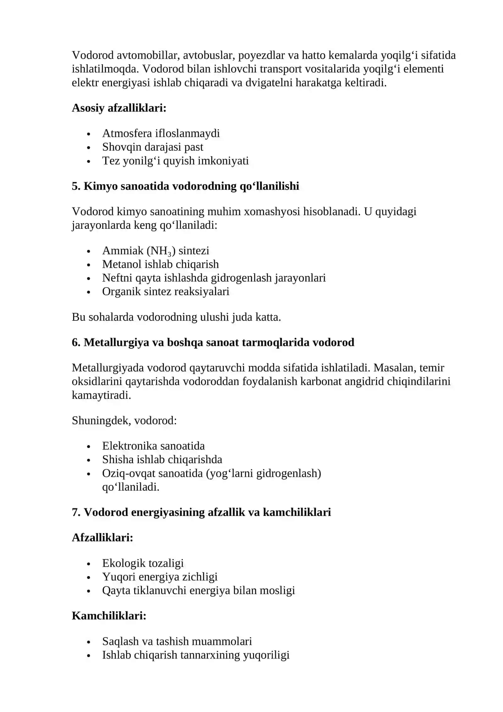 Vodorodning energetikada va sanoatda ishlatilishi 2