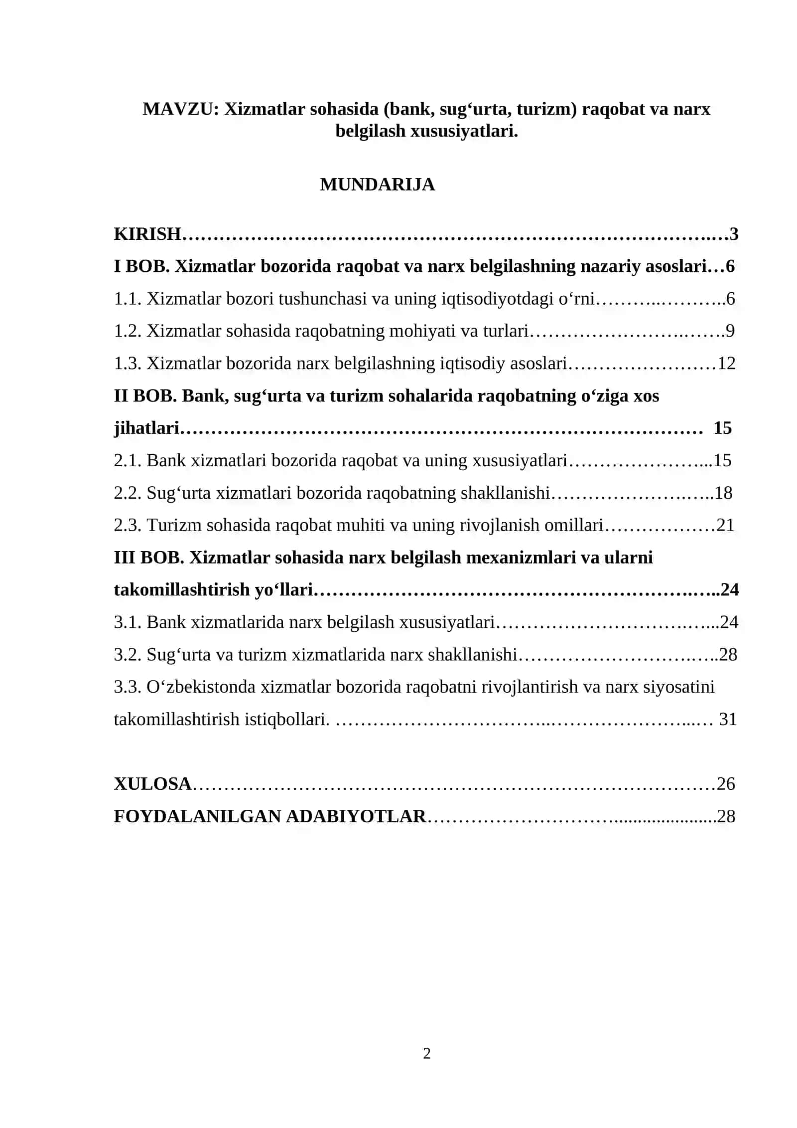 Xizmatlar sohasida raqobat va narx belgilash xususiyatlari 2