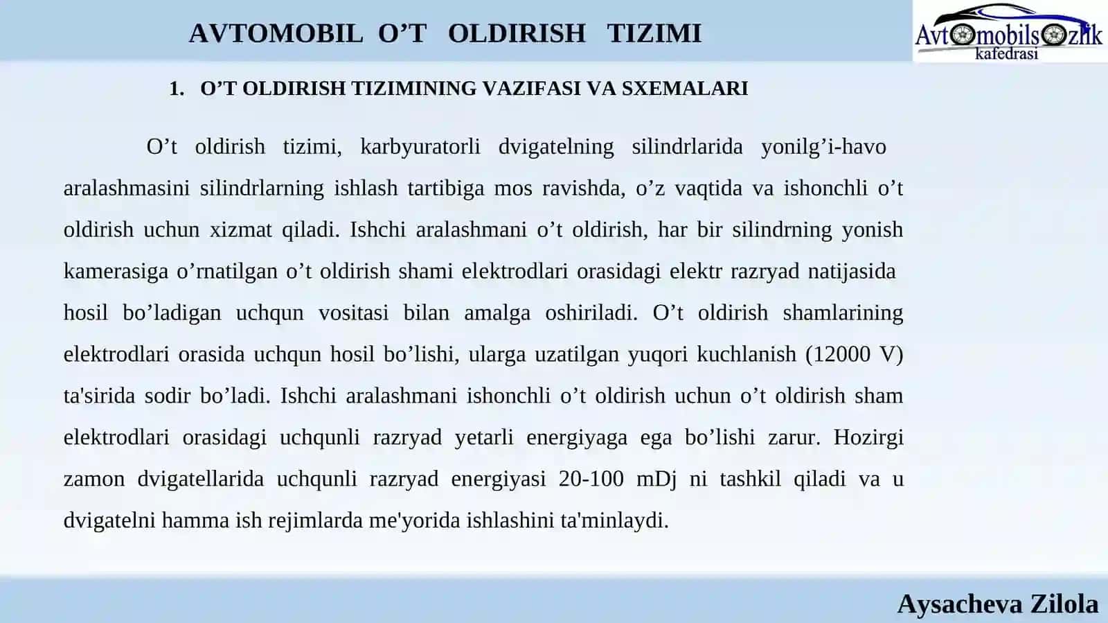 AVTOMOBIL O’T OLDIRISH TIZIMI 2