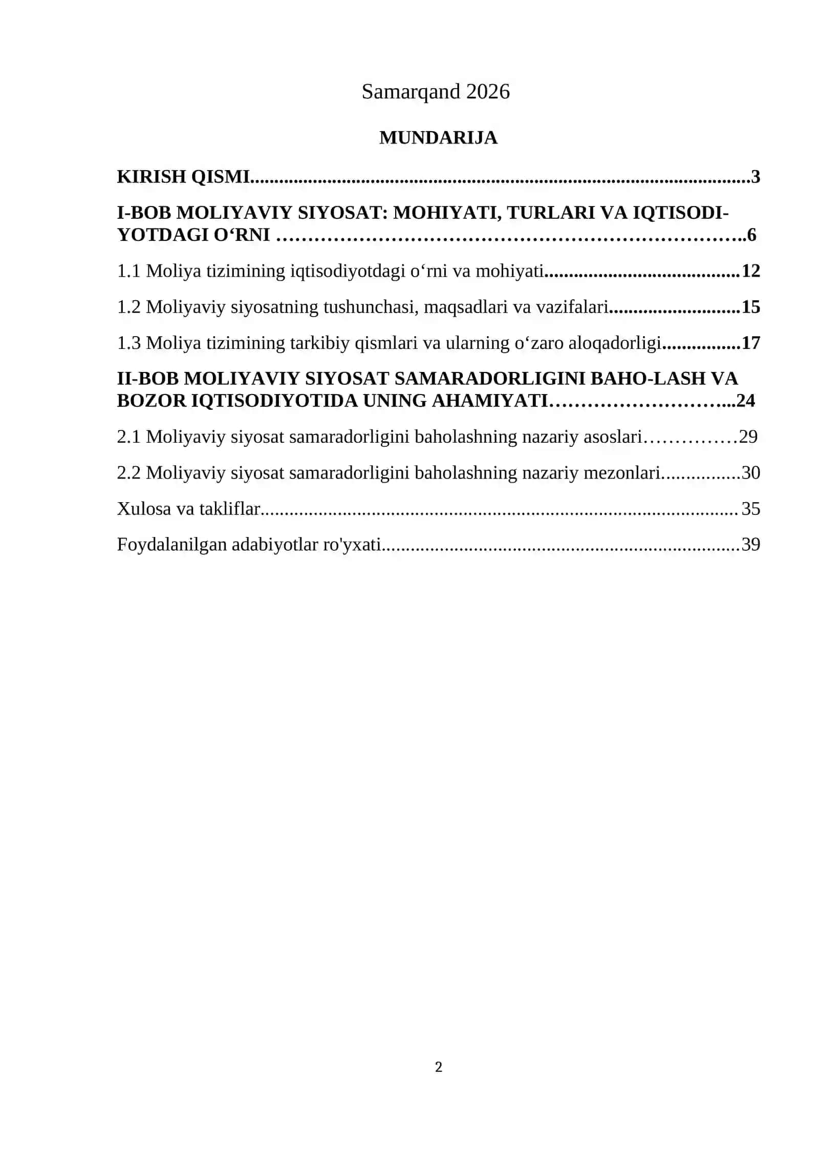 Moliya tizimining iqtisodiyotdagi o‘rni va moliyaviy siyosatning samaradorligi 2